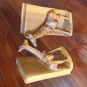 Hand Carved solid wood giraffe bookends